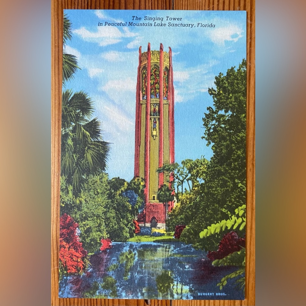 Singing Tower In Peaceful Mountain Lake Sanctuary Florida USA Vintage Post Card
